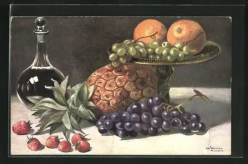Künstler-AK Alfred Schönian: Stillleben mit Weintrauben, Orangen, Erdbeeren und Ananas