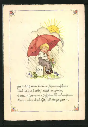 Künstler-AK Liesel Lauterborn: Knabe unterm Regenschirm