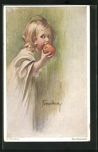 Künstler-AK Ludwig Fahrenkrog: Der Sündenfall, Kind mit Apfel