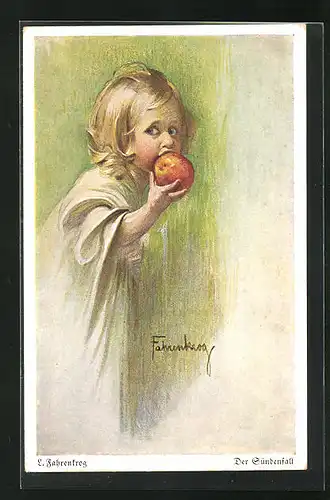 Künstler-AK Ludwig Fahrenkrog: Der Sündenfall, Blondschopf beisst in Apfel