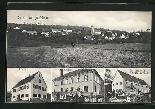 AK Altisheim, Gasthof von J. Grünenwald, Schule, Pfarrhof