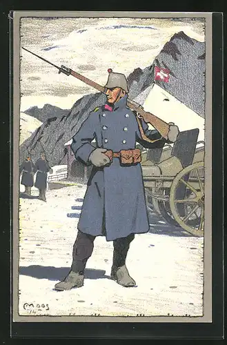 Künstler-AK Carl Moos: Schweizerische Grenzbesetzung 1914, Wachposten der Gebirgsartillerie