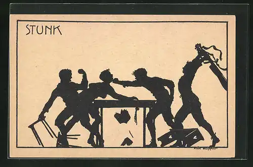 Künstler-AK K. Blossfeld: Schattenriss von prügelnden Jungs, Stunk