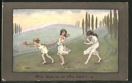 Künstler-AK S. Barham: drei Mädchen in Unterkleidchen tanzen und spielen auf Flöte