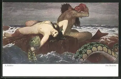 Künstler-AK Arnold Böcklin: Die Nereide, nackte Frau auf Felsen mit Wassermann u. Seeschlange