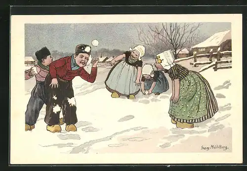 Künstler-AK Georg Mühlberg: Niederländische Kinder mit Holzschuhen im Winter bei einer Schneeballschlacht