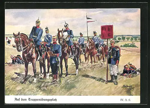 Künstler-AK Döbrich-Steglitz: Auf dem Truppenübungsplatz, IV. Armee Korps, Husaren, Ulanen, etc.