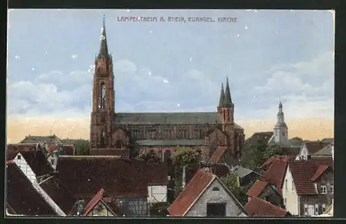AK Lampertheim a. Rhein, Evangel. Kirche und Häuser