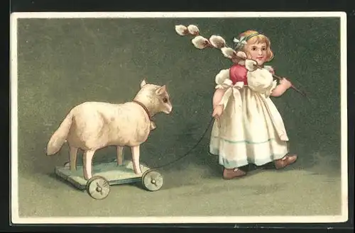 AK Kleines Mädchen zieht ihr Spielzeug, ein Lamm, hinter sich her