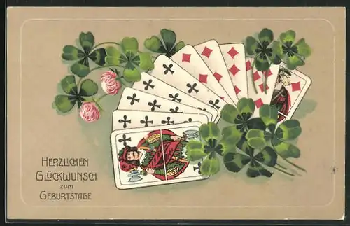 Präge-AK Kartenspiel u. Kleeblätter, Glückwunsch zum Geburtstag