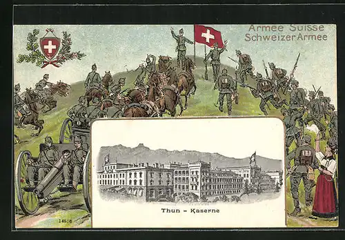 Präge-AK Thun, Kaserne mit Passepartoutrahmen Soldaten in Uniformen mit Kanone