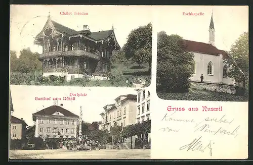 AK Ruswil, Eschkapelle, Chalet Triedau und Dorfplatz m. Gasthof zum Rössli