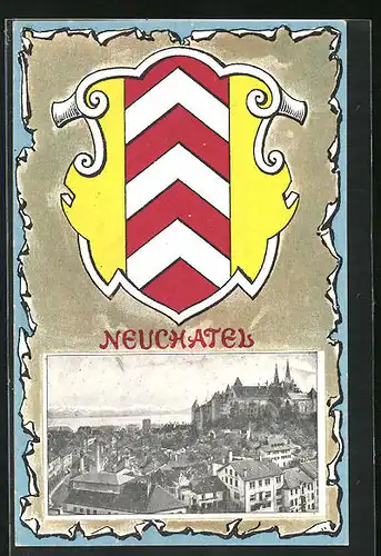 AK Neuchatel, Teilansicht der Stadt, Stadt-Wappen