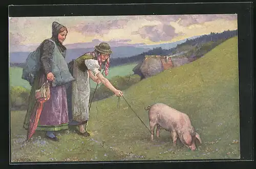 Künstler-AK Fritz Reiss: Schwarzwälder Leben, Mägde mit Schwein