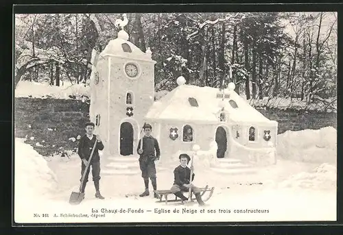 AK La Chaux-de-Fonds, Eglise de Neige et ses trois constructeurs, Eisplastik, Kirche