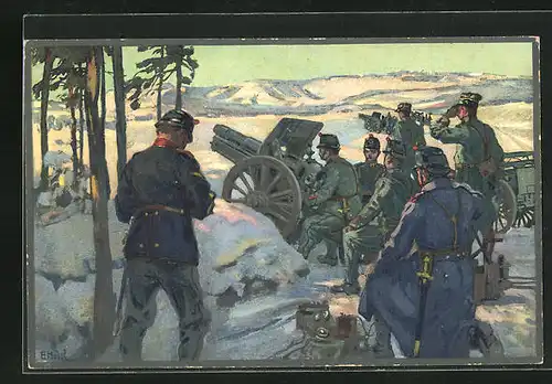 Künstler-AK sign. E. Hodel: Artillerie en position, schweizer Militär