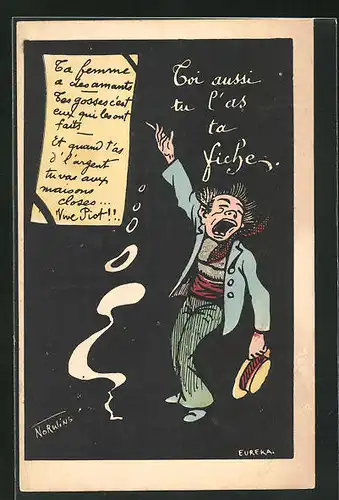 Künstler-AK Philippe Norwins: Toi aussi tu l`as ta ficher, Klagender Mann