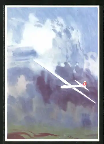 Künstler-AK Schweizer Segelflugzeug vor Gewitterwolken