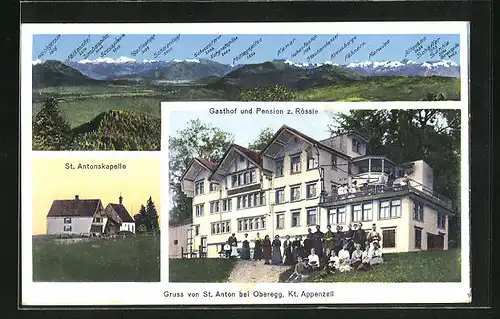 AK St. Anton, Gasthof und Pension z. Rössle, St. Antonskapelle, Panorama mit Kamor, Marwies, Fähnern