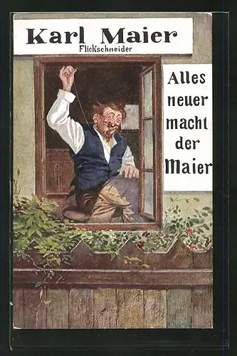 AK Flickschneider Karl Maier näht bei offenem Fenster