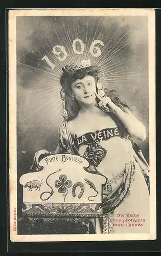 AK Junge Dame mit Krone und Glückssymbolen, Sonnenstrahlen und Jahreszahl 1906