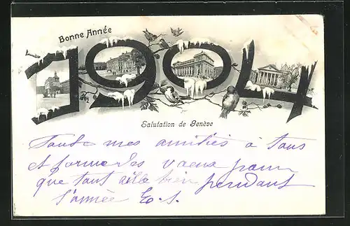 AK Geneve, Jahreszahl 1904 mit Ortspartien, Neujahrsgruss
