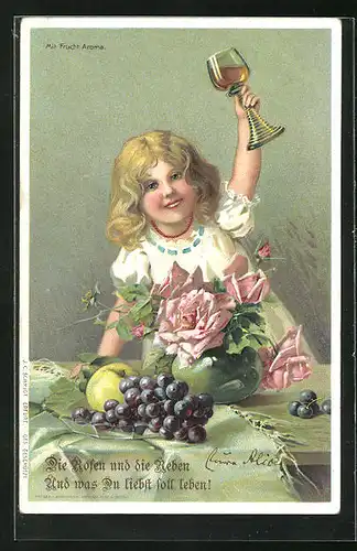 Duft-AK Mädchen hebt das Weinglas in die Höhe, Weintrauben und Rosen auf dem Tisch