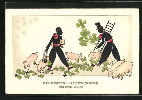AK Schornsteinfeger mit Schweinen und Klee