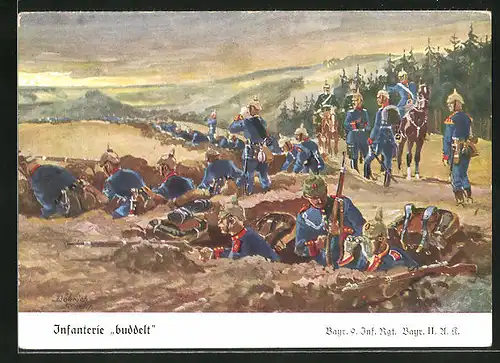 Künstler-AK Döbrich-Steglitz: Infanterie buddelt, Bayr. 9. Inf. Rgt.