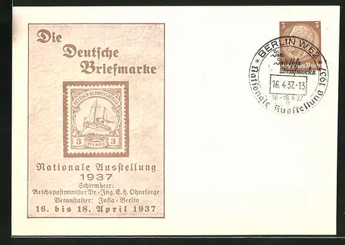 AK Berlin, Nationale Ausstellung 1937 Die Deutsche Briefmarke, Ganzsache 3 Pfg.