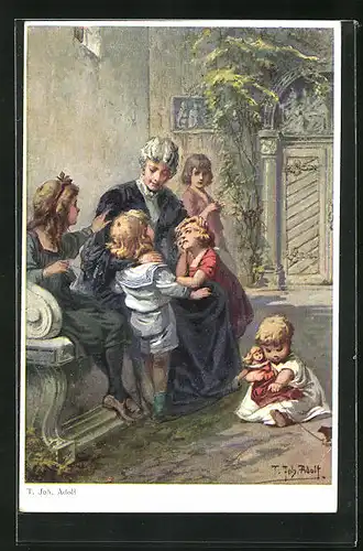Künstler-AK Adolf (Jodolfi): Mutter mit ihren Kinder in einem Garten
