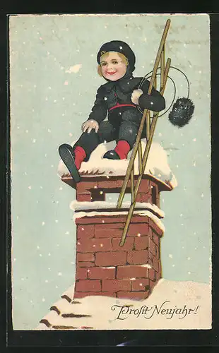AK Prosit Neujahr, kleiner Schornsteinfeger auf Dach