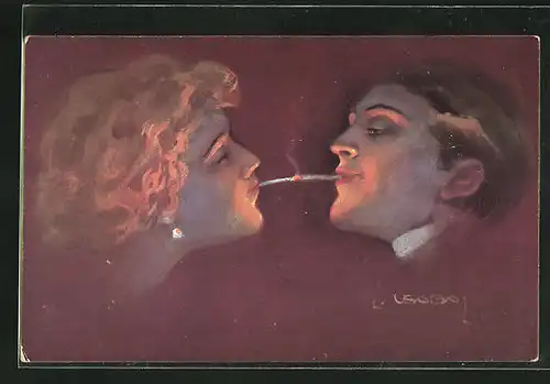 Künstler-AK Luis Usabal: Rauchender Herr mit rauchender Dame