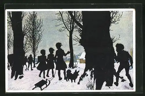 Künstler-AK Rolf Winkler: Winterfreuden, Kinder am Waldrand