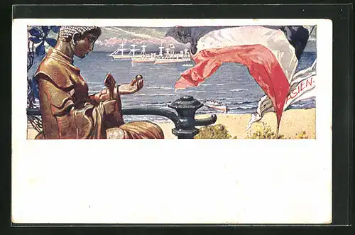 AK Kiautschou, deutsche Kriegsschiffe vor der Küste, deutsche Reichsflagge weht am Ufer