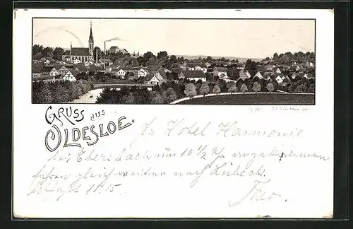 Vorläufer-Lithographie Oldesloe, 1894, Gesamtansicht des Ortes
