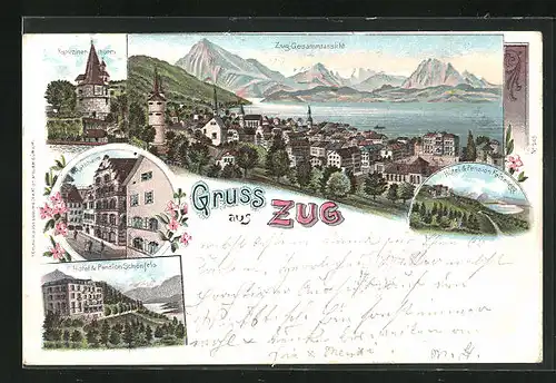 Lithographie Zug, Hotel & Pension Schönfels, Rathaus, Kapuzinerthurm