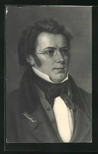 AK Franz Schubert als junger Mann mit Brille und Koteletten, Halstuch am Kragen