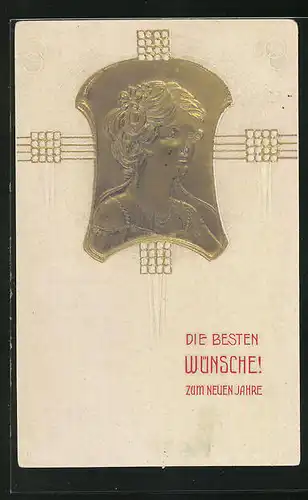 Präge-AK Frauenkopf des Jugendstil mit welligem Haar und Ketten, Neujahrskarte