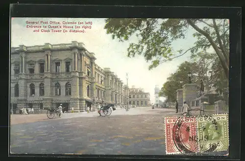 AK Colombo, General Post Office, Entrance to Queen`s House on right and Clock Tower in distance