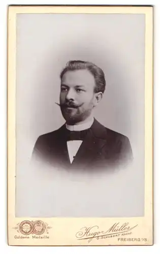Fotografie Hugo Müller, Freiberg i. S., Portrait stattlicher Herr mit Bart und schwarzer Fliege