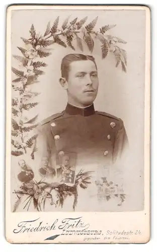 Fotografie Friedrich Fritz, Ludwigsburg, Portrait Soldat, Montage mit Kaiser Friedr. Wilhelm, Wilhelm I. und Wilhelm II.