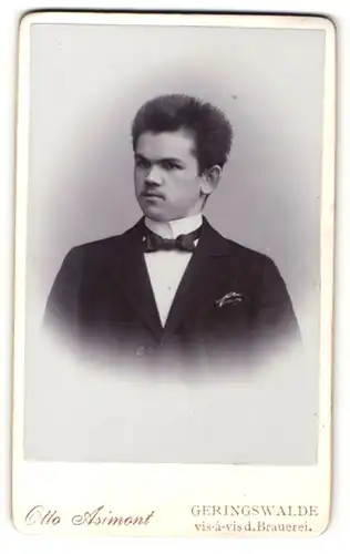 Fotografie Otto Asimont, Geringswalde, Portrait junger Mann in Anzug mit Fliege