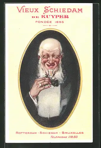 Werbebillet Rotterdam, Distillerie Viex Schiedam de Kuyper, alter Mann geniesst Schnaps