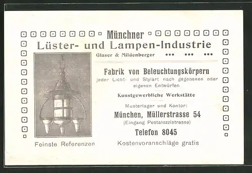 Vertreterkarte München, Lüster- und Lampen-Industrie Glaser & Mildenberger, Müllerstrasse 54, Lampe