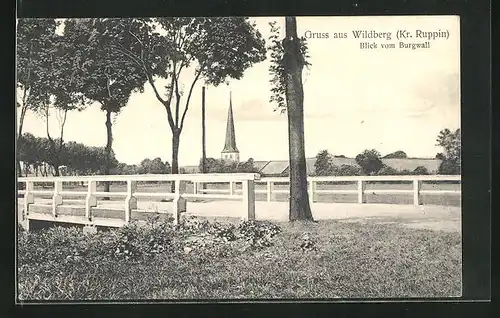 AK Wildberg / Kr. Ruppin, Blick vom Burgwall zur Kirche