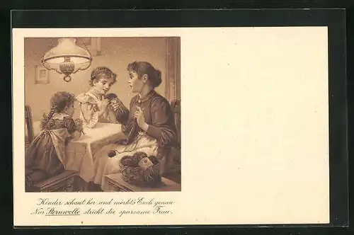 AK Altona-Bahrenfeld, Sternwollen-Fabrik, Reklame für Sternwolle, Frau mit zwei Mädchen am Tisch sitzend