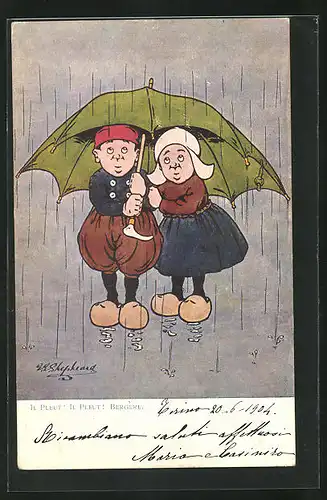 Künstler-AK George Edward Shepheard: Il Pleut Il Pleut..., holländische Kinder unterm Regenschirm