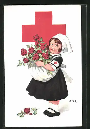 Künstler-AK P. O. Engelhard (P.O.E.): Kleine Krankenschwester, Rotes Kreuz