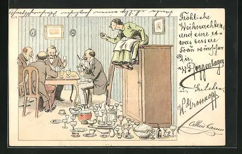 AK frauenfeindlicher Humor, Zeterndes Eheweib auf dem Schrank sitzend, Herren bei Kartenspiel